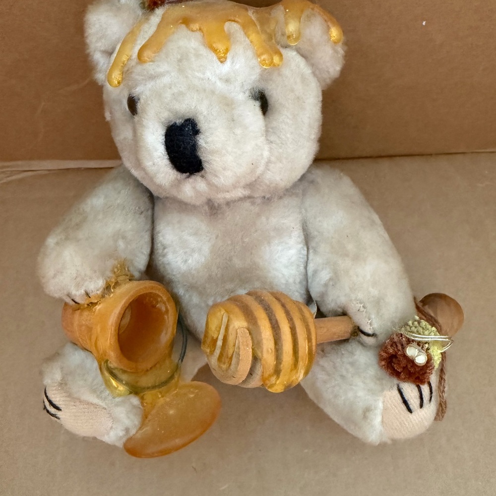 Vintage Plush Teddy Bear with Honey Pot and Dipper - Cream and Gold